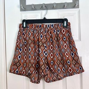 Brown Tribal Print Dainty Hooligan Shorts with Pockets and Elastic Waistband, M